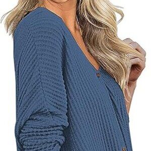 Waffle Knit Tunic Blouse Tie Knot Henley Blue Size M Like New